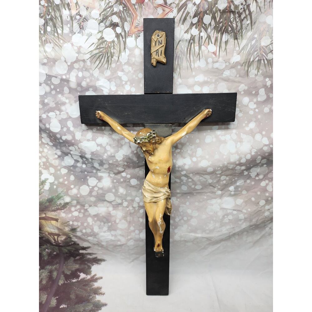LGE Jesus Christ Crucifix Cross Statue 29” x 14.5” INRI wood & painted chalkware